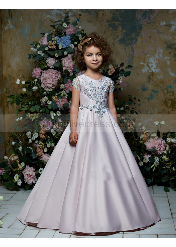 Beaded Lace Satin Illusion Back Flower Girl Dress